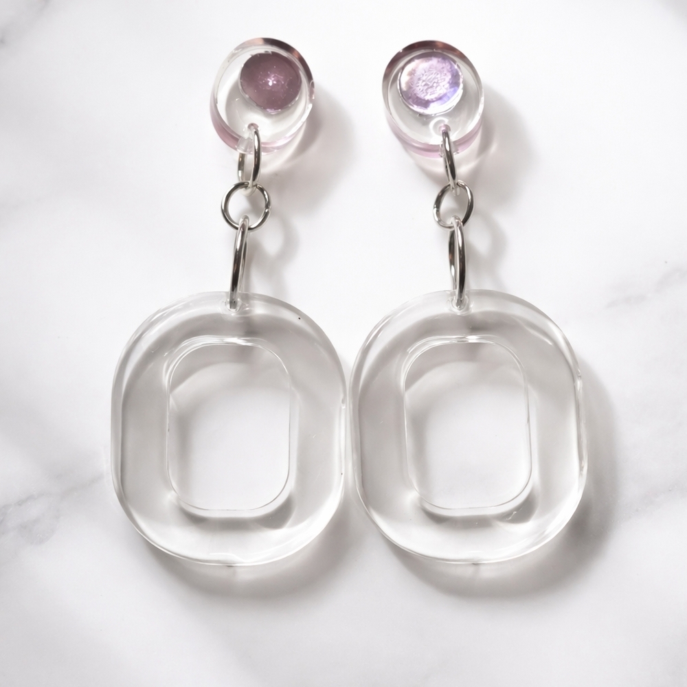 Clear Resin Square Drop Earrings with Pink Rhinestone Stud